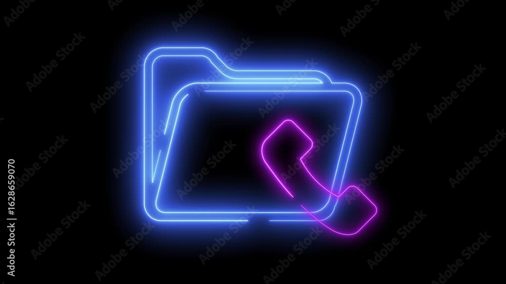 Poster neon light effect animation of folder icons with analog phone, black background