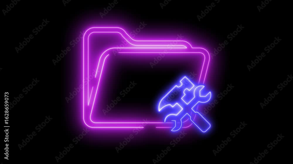 Poster neon light effect animation of folder icons with tool, black background