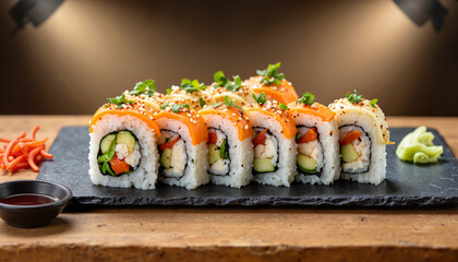Colorful sushi rolls arranged on slate board at sushi bar, culinary delight