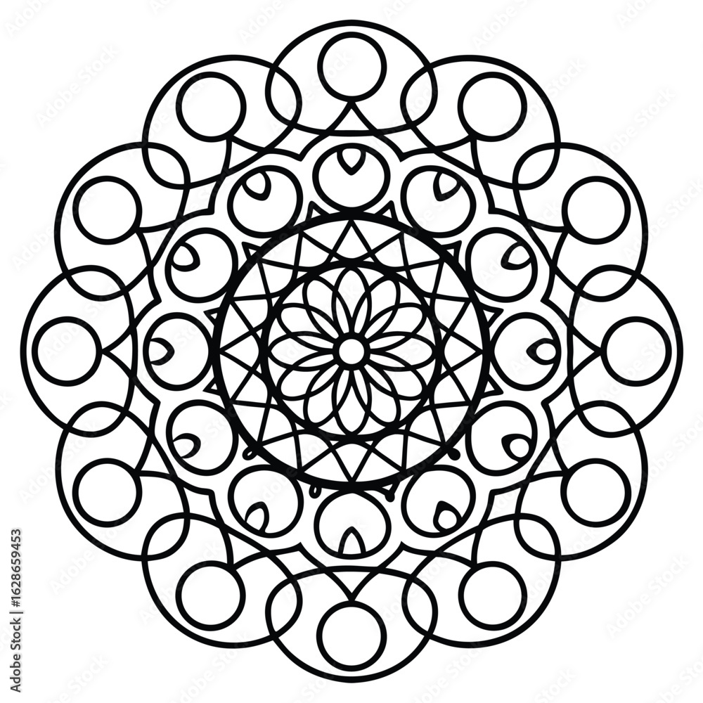 Aufkleber minimalist round mandala design with abstract geometric patterns in black line art on white backgrou
