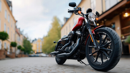 A vintage motorcycle rests on a cobblestone alley, warm afternoon sunlight casting soft shadows around it, creating a nostalgic and peaceful atmosphere..