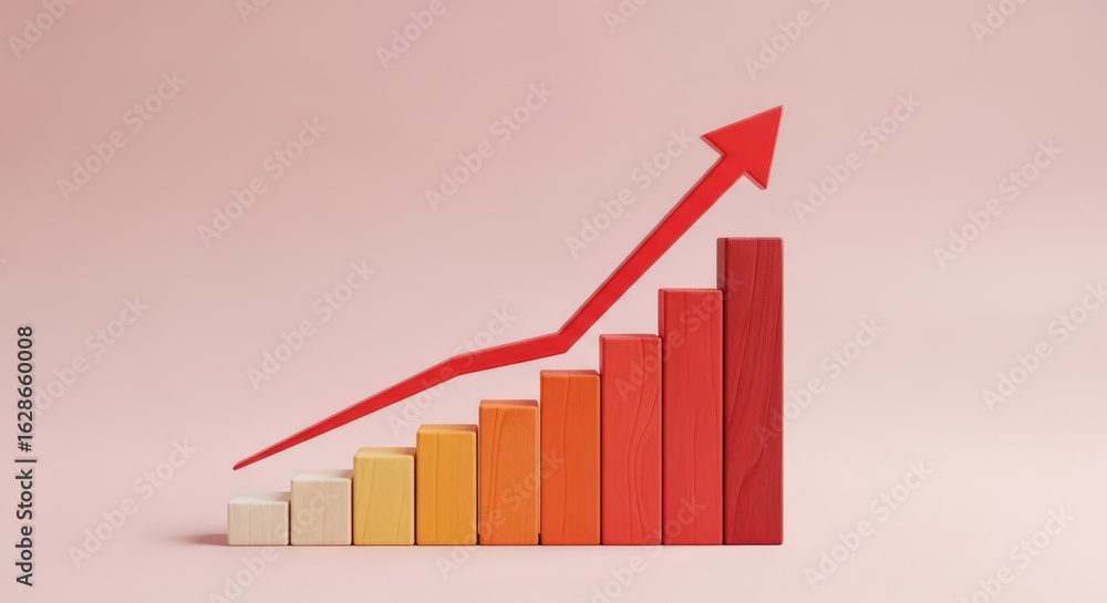 Poster a stacked wooden block graph with an ascending red arrow on a light pink background illustrating bus