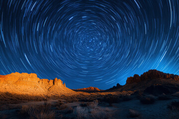 Star trails streak across the desert night sky.