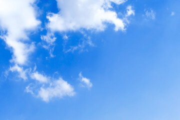 Blue sky with white fluffy cloud. Cloudscape cumulus summer soft light sky. Beautiful nature morning. Freedom of life concept.