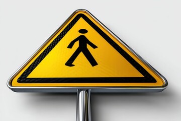 Caution pedestrian sign in urban setting emphasizing safety for walkers in busy streets during daylight hours