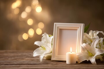Blank photo frame with white lilies and a lit candle on wooden table, soft bokeh lights in background, evoking a serene and reflective mood
