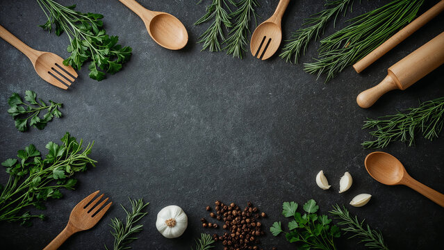 Overhead view of cooking ingredients and utensils on dark surface herbs spices - Powered by Adobe