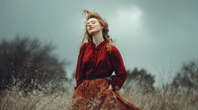 Woman with red hair in a field wearing a red blouse and brown skirt with eyes closed outdoors