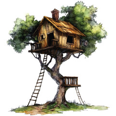 Detailed Watercolor Treehouse Vector with Transparent Background for Adventure Designs and PNG Graphic Projects