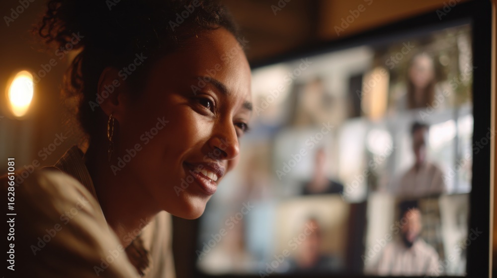 Poster medium shot capturing a project leads face focused and expressive during a virtual meeting on inters