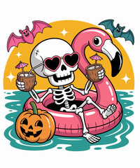 Funny Summerween Skeleton Floating in Flamingo Cute Spooky