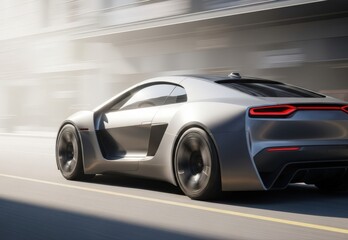 Sleek modern car speeding along the road, embodying speed and technology. The car's design suggests cutting-edge technology and high performance