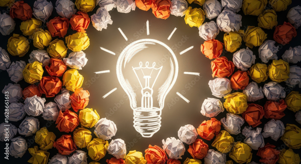 Poster creative idea generation a light bulb surrounded by colorful crumpled paper balls representing innov