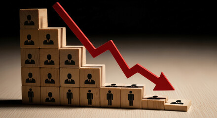 Fototapeta premium Declining Workforce Concept with Wooden Blocks Representing Employees and a Downward Arrow Symbolizing Job Losses and Economic Downturn in the Employment Sector
