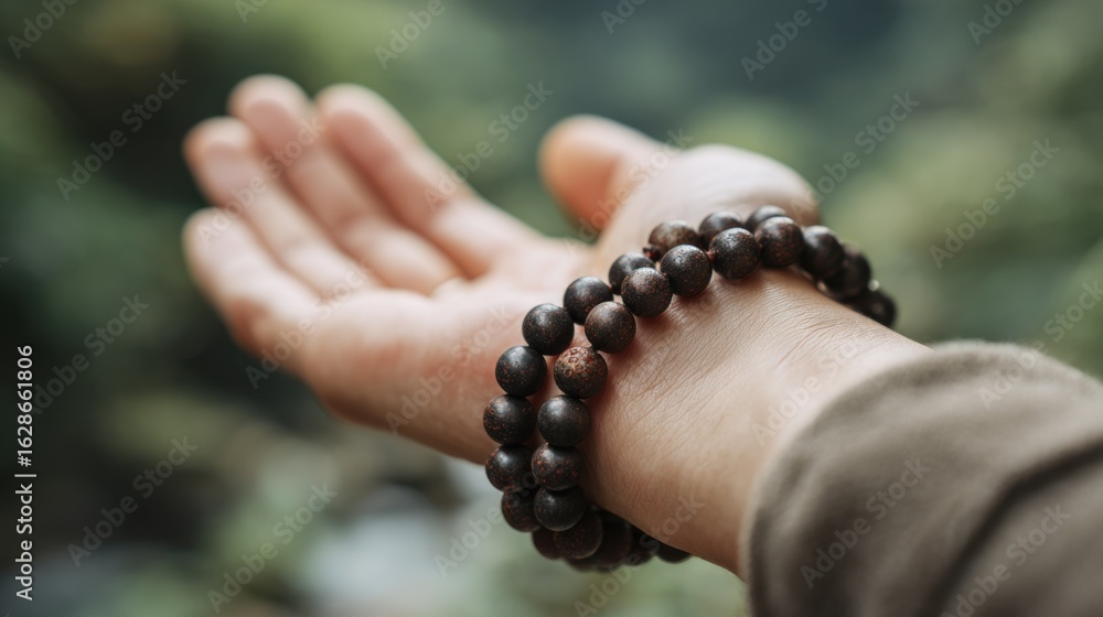Poster medium shot capturing mala beads on wrist vibrating subtly palm in sharp focus with blurred environm
