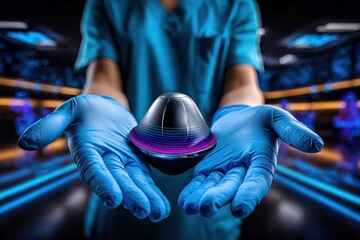 Innovative healthcare technology demonstrated by a professional in a sleek, modern medical facility at night