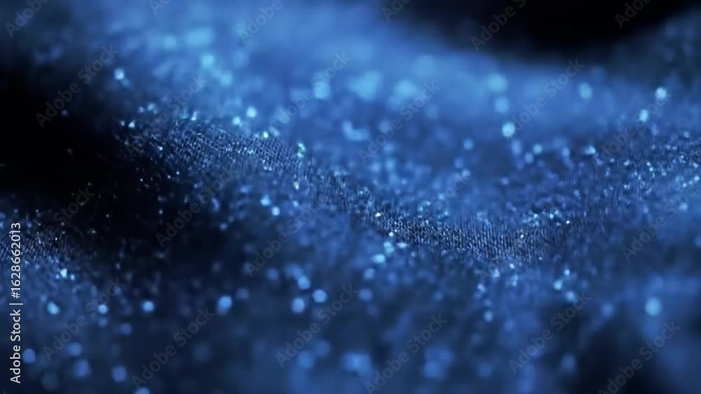 Poster sparkling blue fabric with glittering particles in dynamic close-up video.