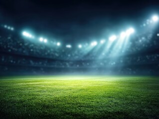A brightly lit stadium field at night, with lush green grass and dramatic spotlights illuminating the empty arena