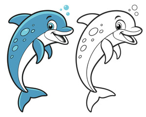 Obraz premium Cartoon dolphin smiles with bubbles beside a coloring version, both against a white background
