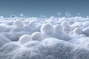 Bubbles dance above the soft white foam under a serene blue sky during a tranquil morning at the beach