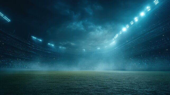 A brightly lit stadium under dramatic night skies, with an empty field and mist creating an atmospheric, anticipatory mood