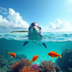 Dolphin close up swim under water with 
tropical fish and coral reef at bottom.
Blue sky with cloud.
Tourist photo with tropical palm island
in ocean in Maldives. Travel photo. Piece of paradise.