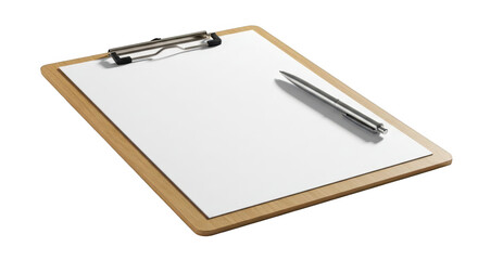 Clipboard with blank paper and pen on black background