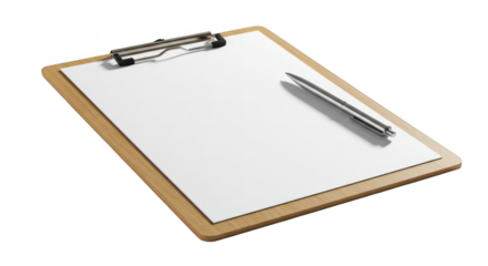 Clipboard with blank paper and pen on black background