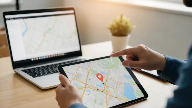 A person using a tablet to navigate a detailed map while seated at a desk with a laptop displaying another map sunlight filtering through a window suggesting a productive planning session