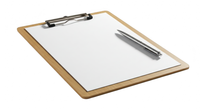 Clipboard with blank paper and pen on black background