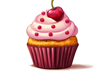Whimsical cupcake with cherry and pink frosting – perfect for dessert themes