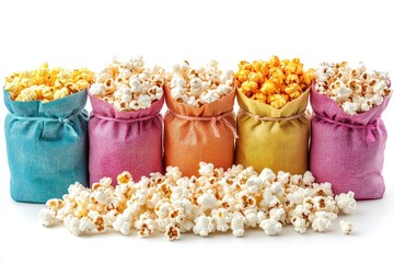 A variety of flavored popcorn, including caramel, cheese, and butter, presented in colorful bags, isolated on a white background