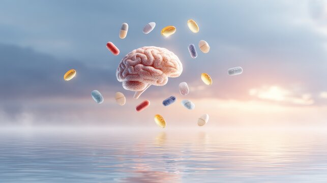 Supplements highlighting omega3 vitamin D folate and SAMe in midair over a tranquil brain graphic showcasing key nutrients that may contribute to balanced brain function and mood
