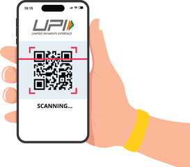 Scanning QR code on UPI mobile app for digital payment, vector illustration showing phone screen during money transfer via Paytm, Google Pay, PhonePe and other fintech applications