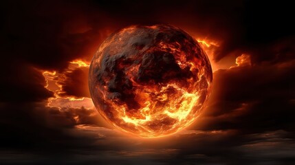 A fiery planet glows intensely against a dramatic, dark sky filled with swirling clouds and molten colors