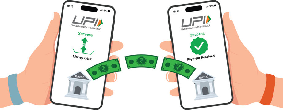 UPI money transfer illustration between smartphones, one user sending and another receiving digital payment, flat vector concept for fintech, mobile banking, and online transaction platforms