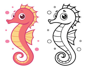 Obraz premium Cartoon seahorse with bubbles stands alongside its black and white outline version on white