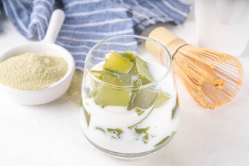 Matcha jelly latte, iced milky drink