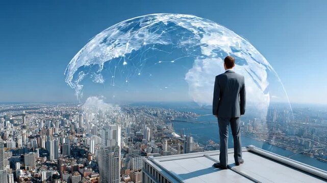 Visionary View: A determined business leader stands atop a towering skyscraper, gazing at a vast, digitally rendered globe, embodying a bold vision for global expansion.