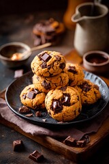 A plate filled with warm, golden chocolate chip cookies with melted chocolate chunks on top sits enticingly. Surrounding the plate are additional chocolate pieces, enhancing the treat's appeal