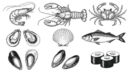 Black and white illustration of various seafood and sushi shrimp lobster