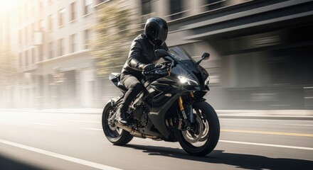 A motorcycle rider speeding along a city street. The rider is wearing black protective gear, including a helmet, and the motorcycle is sleek and modern.