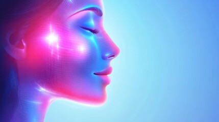 Digital woman's profile, vibrant colors, glowing skin