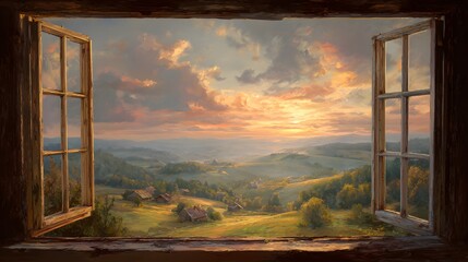 Open window view of a scenic sunset over rolling hills