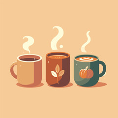 Coffee, Tea, Pumpkin Spice Latte Cups With Steam Vector Design