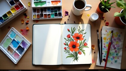 Artist s workspace with watercolor poppies in sketchbook