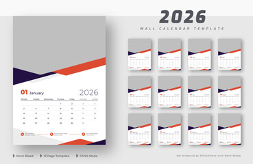 2026 wall calendar 12-page template | Editable monthly wall calendar planner | Week starts on Monday	