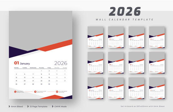 2026 wall calendar 12-page template | Editable monthly wall calendar planner | Week starts on Monday	