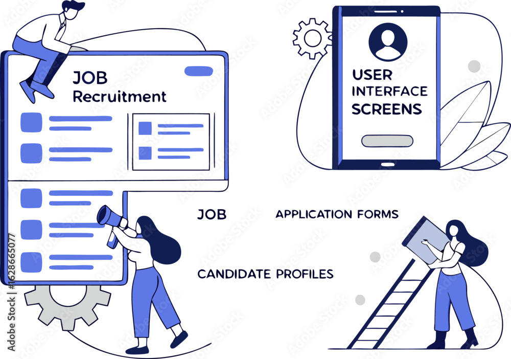 Poster digital recruitment process illustrated job listings user interface design application forms and can