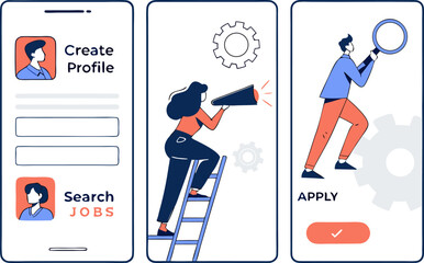 Illustrating the job search process from creating a profile and searching for opportunities to applying for positions with a magnifying glass